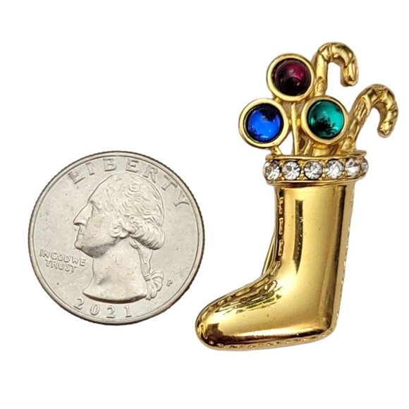 Monet Gold Tone Rhinestone Christmas Stocking Brooch Pin, Signed M749 - Picture 4 of 6